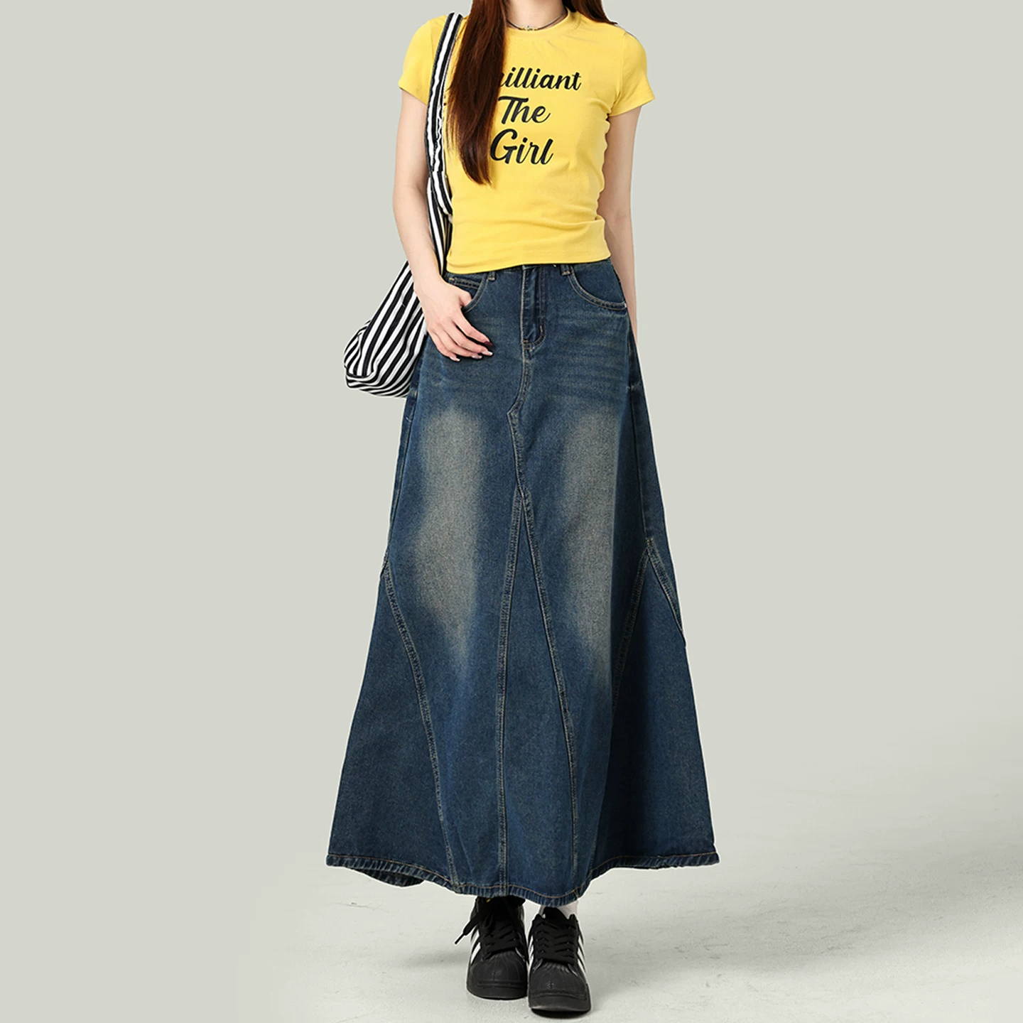 デニム調 マーメイドスカート 切り替え ロング丈 ハイウエスト ブルー