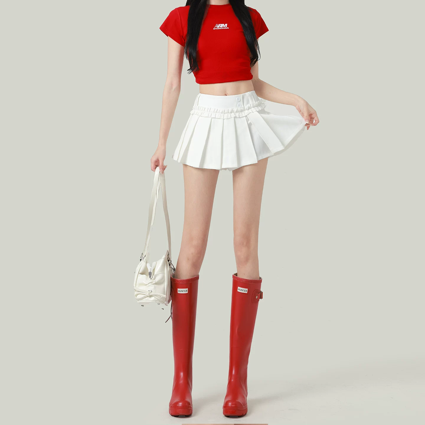 プリーツ ミニスカート ハイウエスト Aライン ホワイト