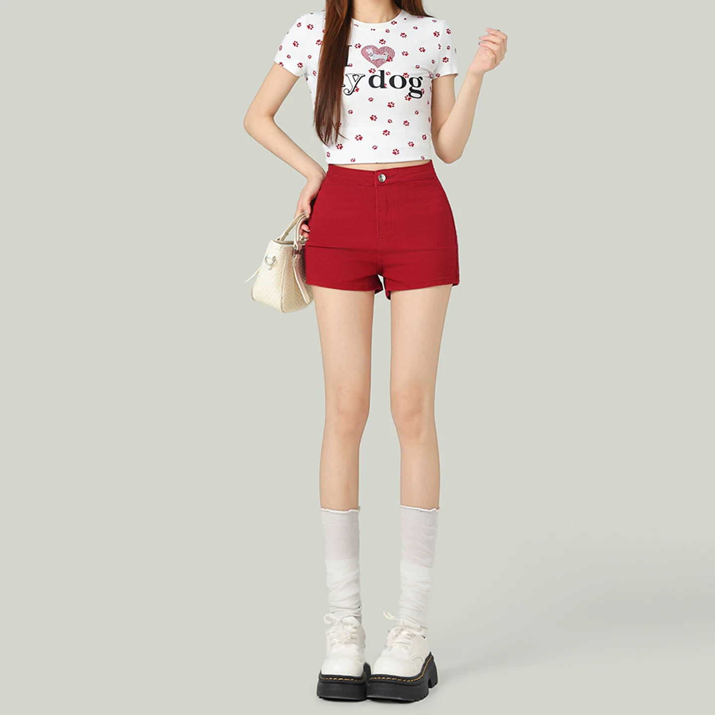 デニム ショートパンツ ハイウエスト ストレッチ ダークレッド