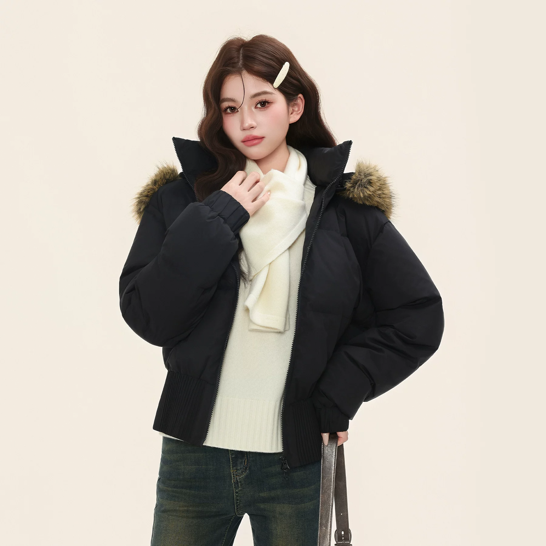 厚手 ダウンコート フード付き ファー襟 ゆったり ブラック
