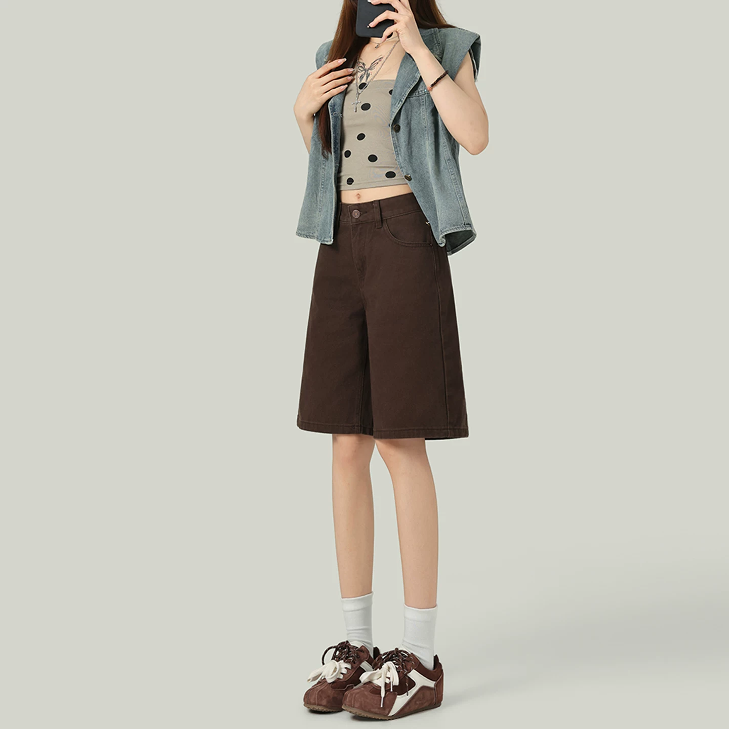 デニムハーフパンツ ハイウエスト ストレート 五分丈 ブラウン
