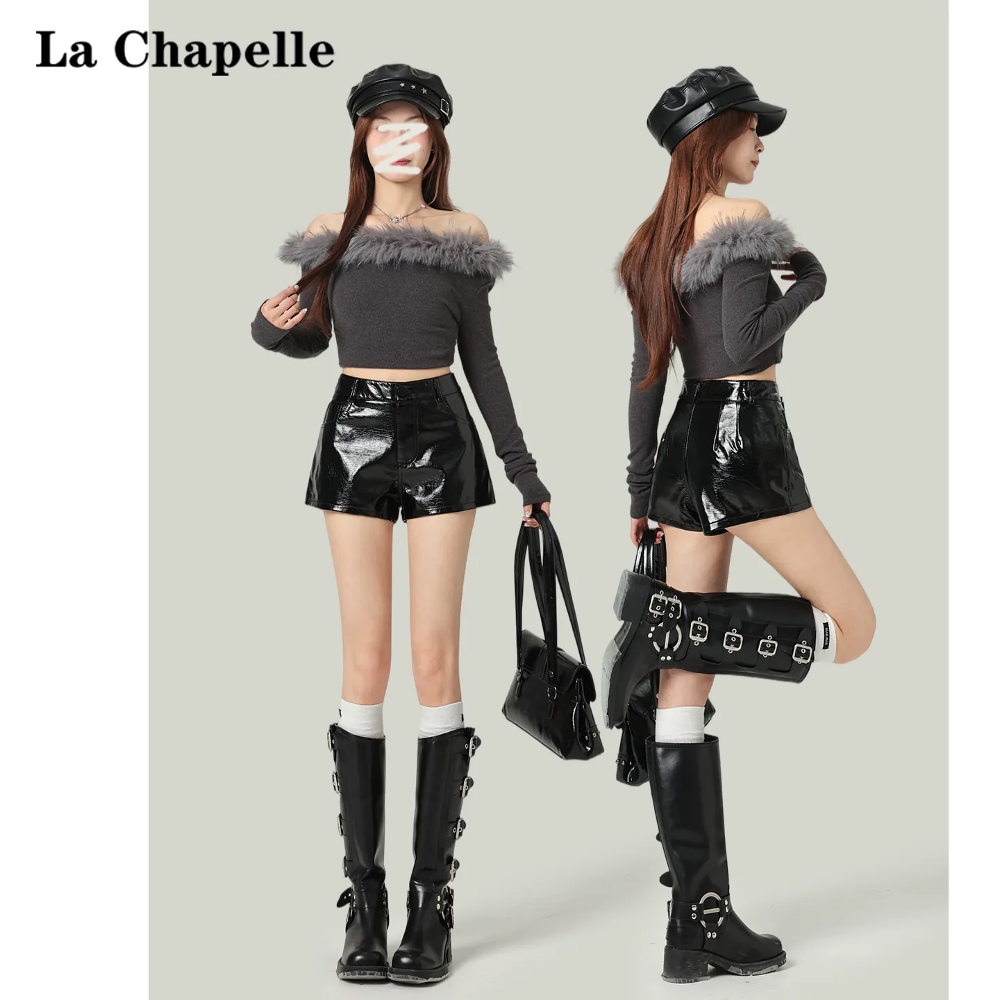 PUレザー ショートパンツ ハイウエスト フィット ブラック