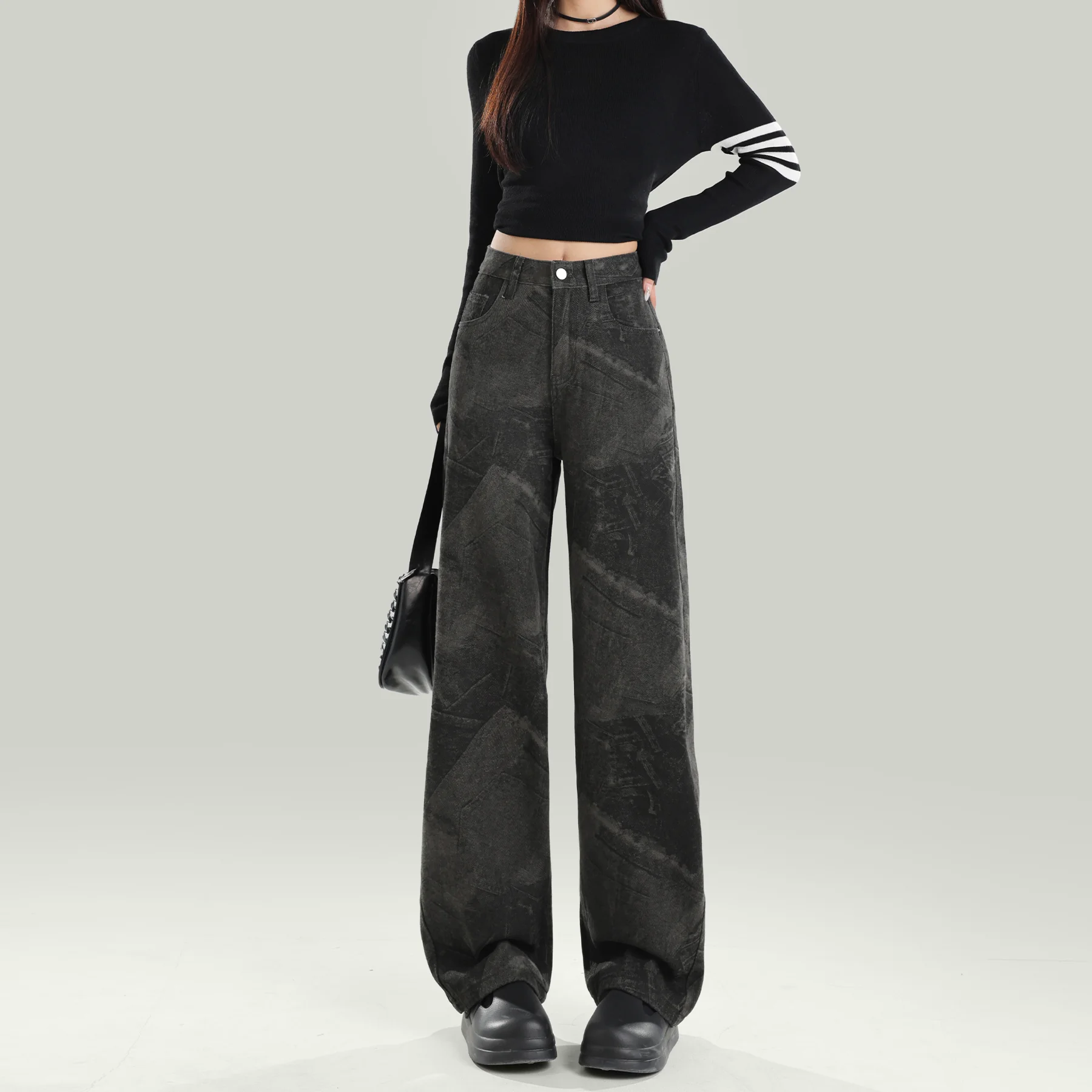 ストレート デニムパンツ ハイウエスト プリント ブラック ロング丈
