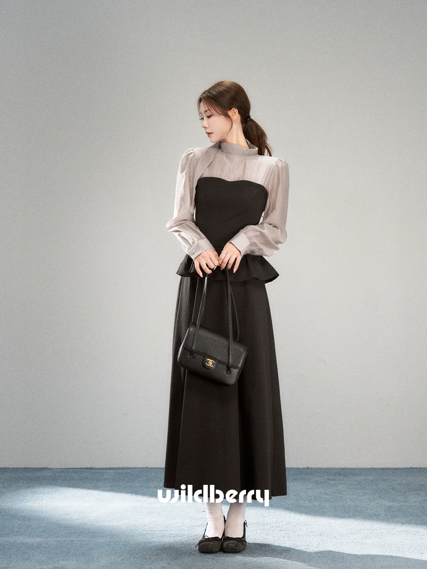 Wildberry リボン付き立ち襟 ドッキングロングワンピース