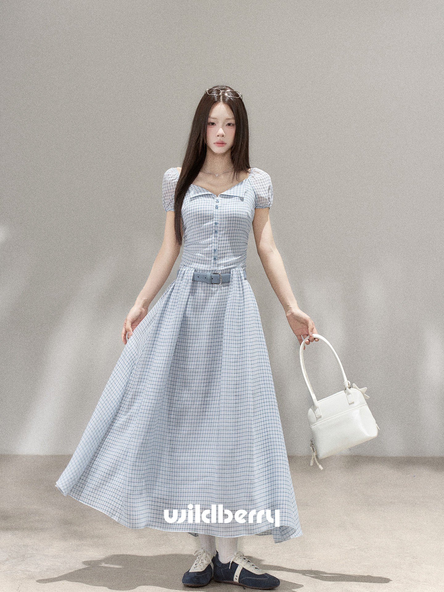 Wildberry ブルーチェック 半袖ロングワンピース