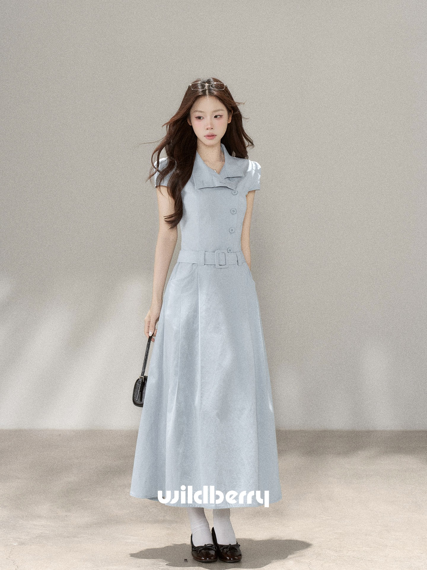 Wildberry ブルー レトロ半袖ロングワンピース