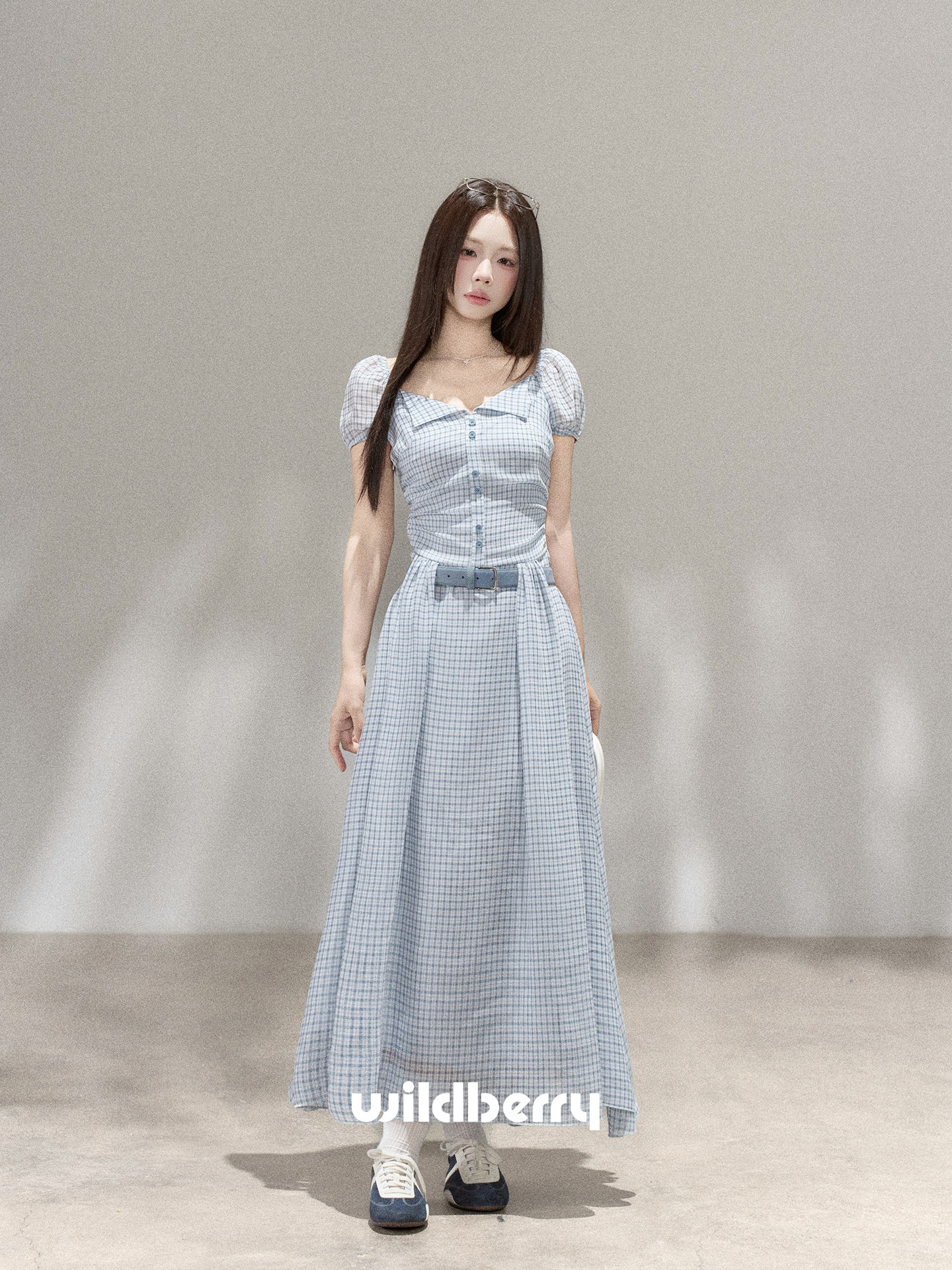 Wildberry ブルーチェック 半袖ロングワンピース