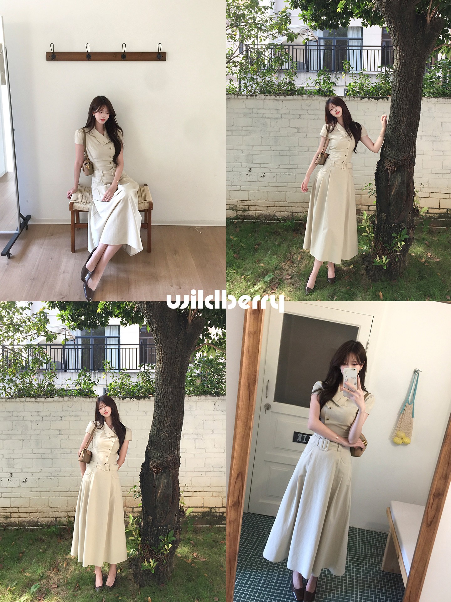 Wildberry ブルー レトロ半袖ロングワンピース