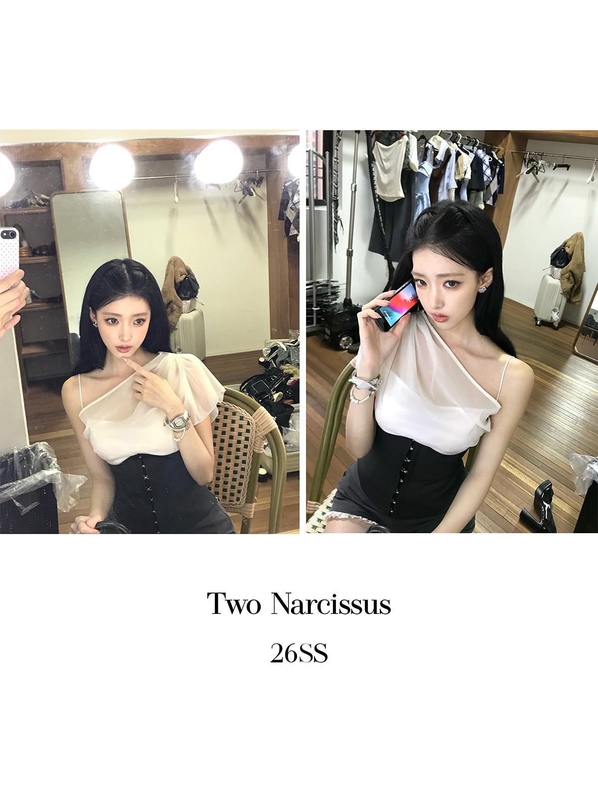 Two Narcissus 配色チュール 斜めネックトップス