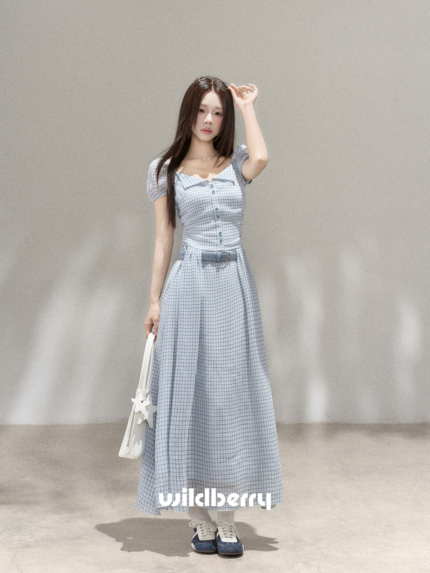 Wildberry ブルーチェック 半袖ロングワンピース