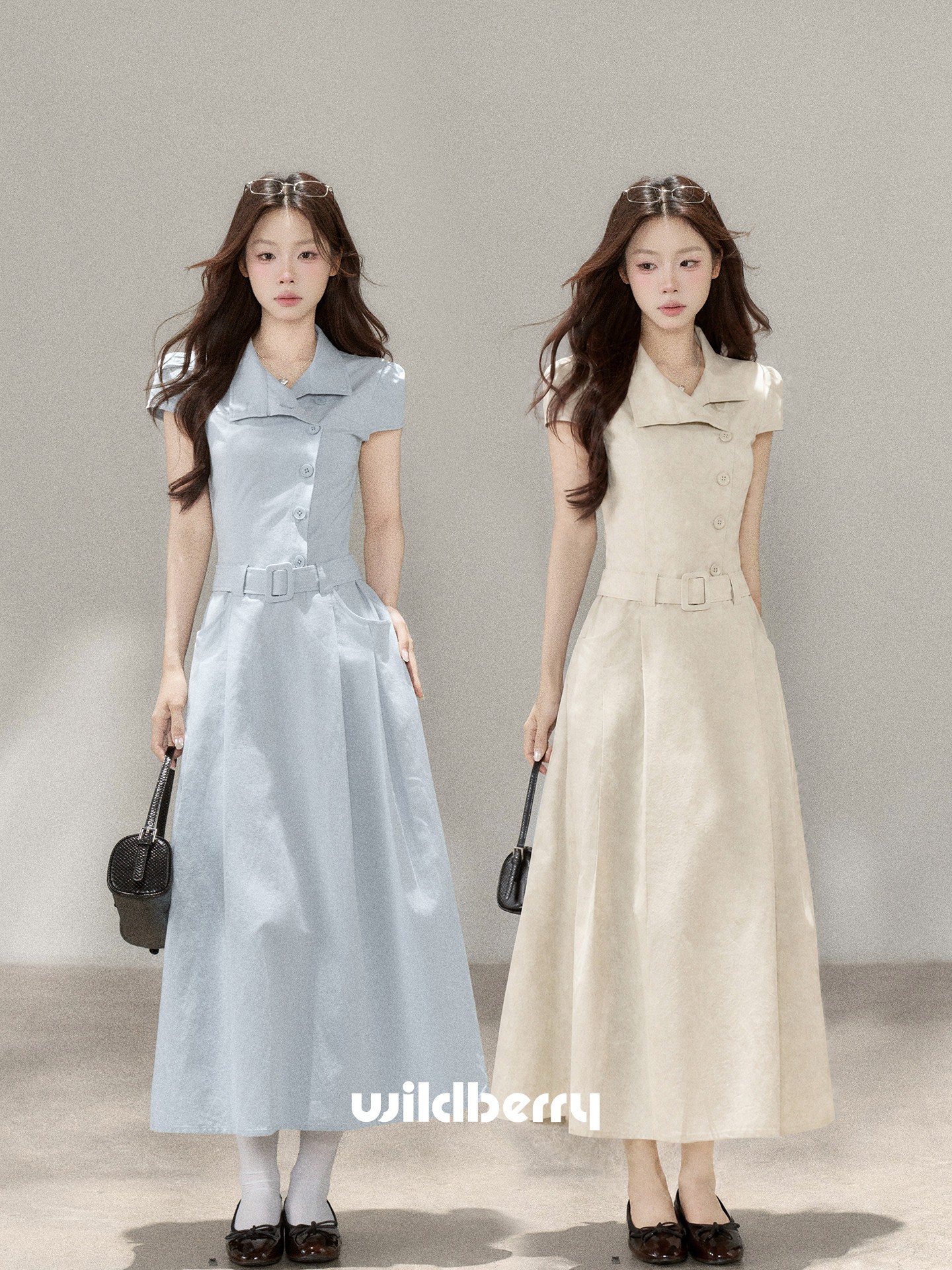 Wildberry ブルー レトロ半袖ロングワンピース