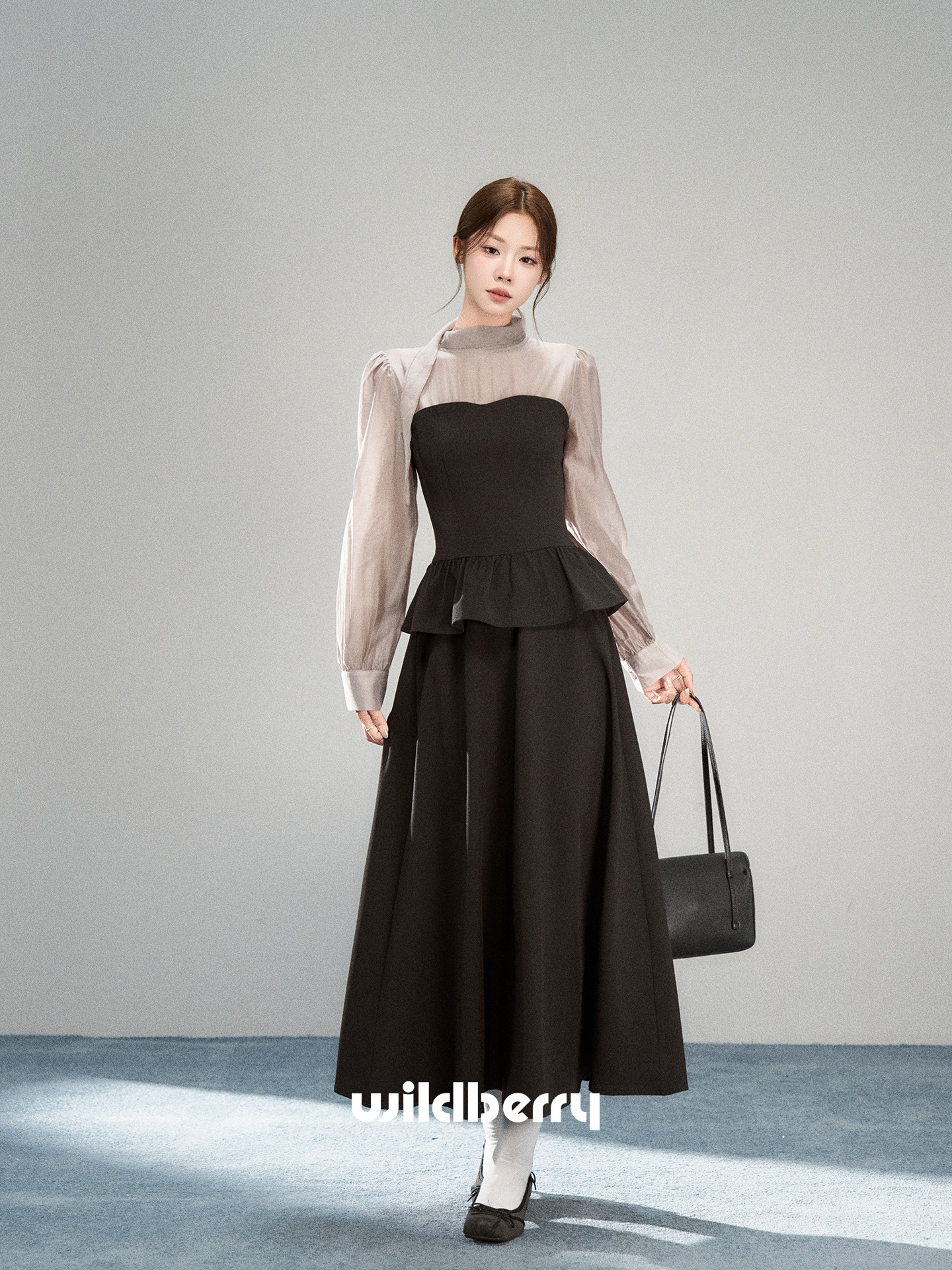 Wildberry リボン付き立ち襟 ドッキングロングワンピース
