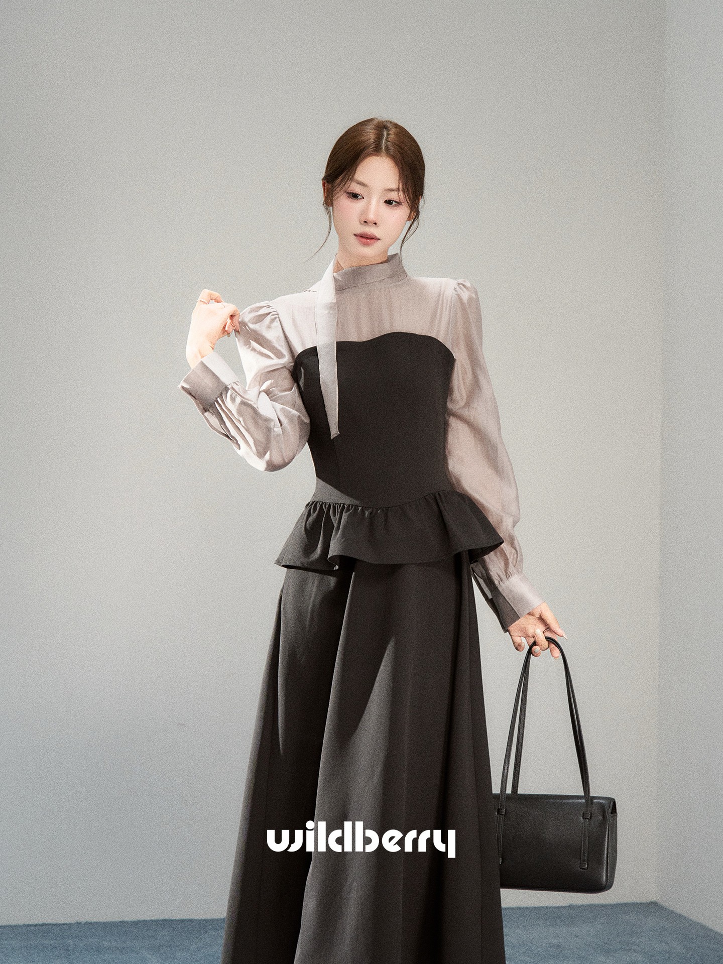 Wildberry リボン付き立ち襟 ドッキングロングワンピース