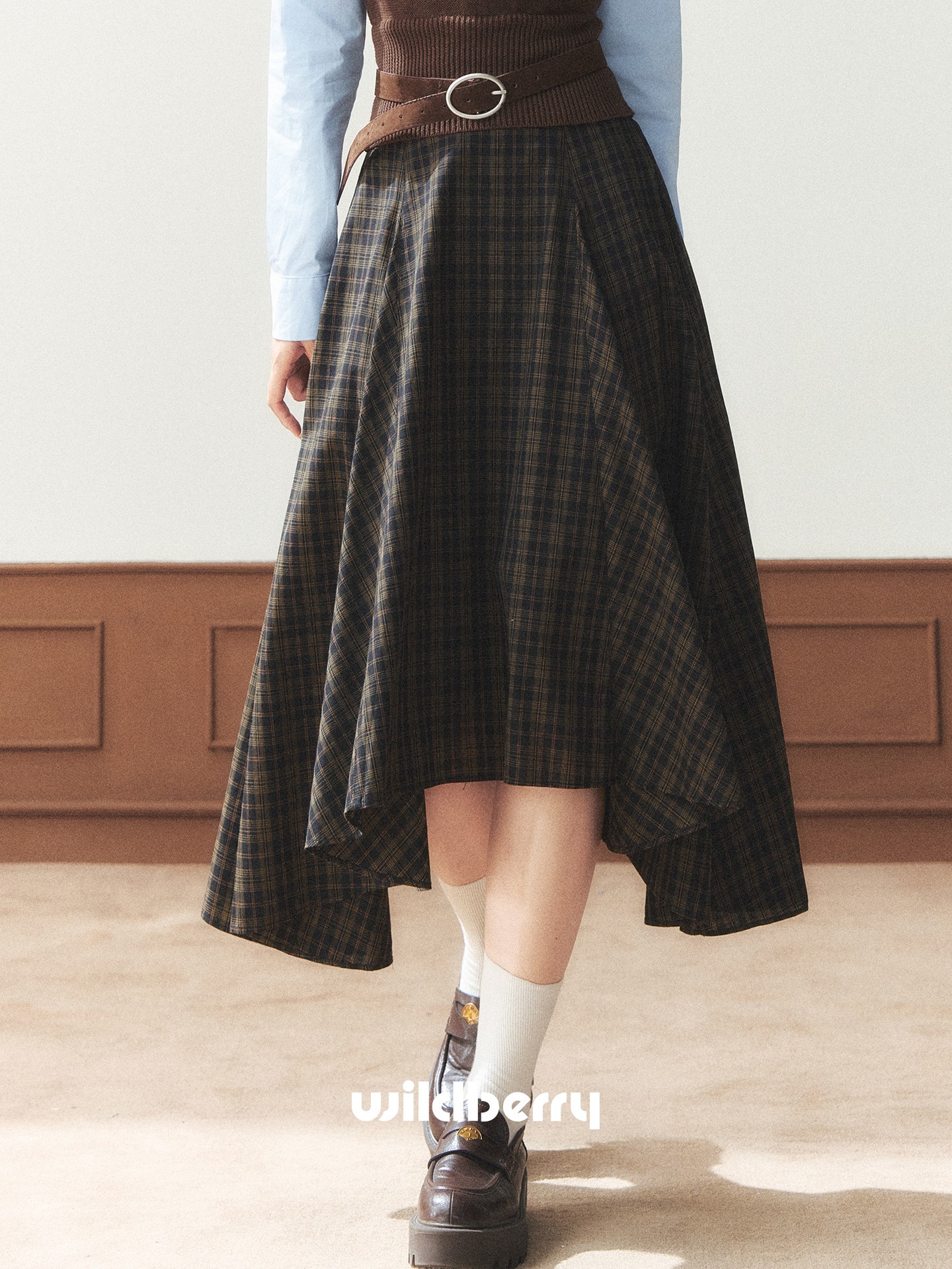 Wildberry ブラウンチェック アシンメトリーロングスカート