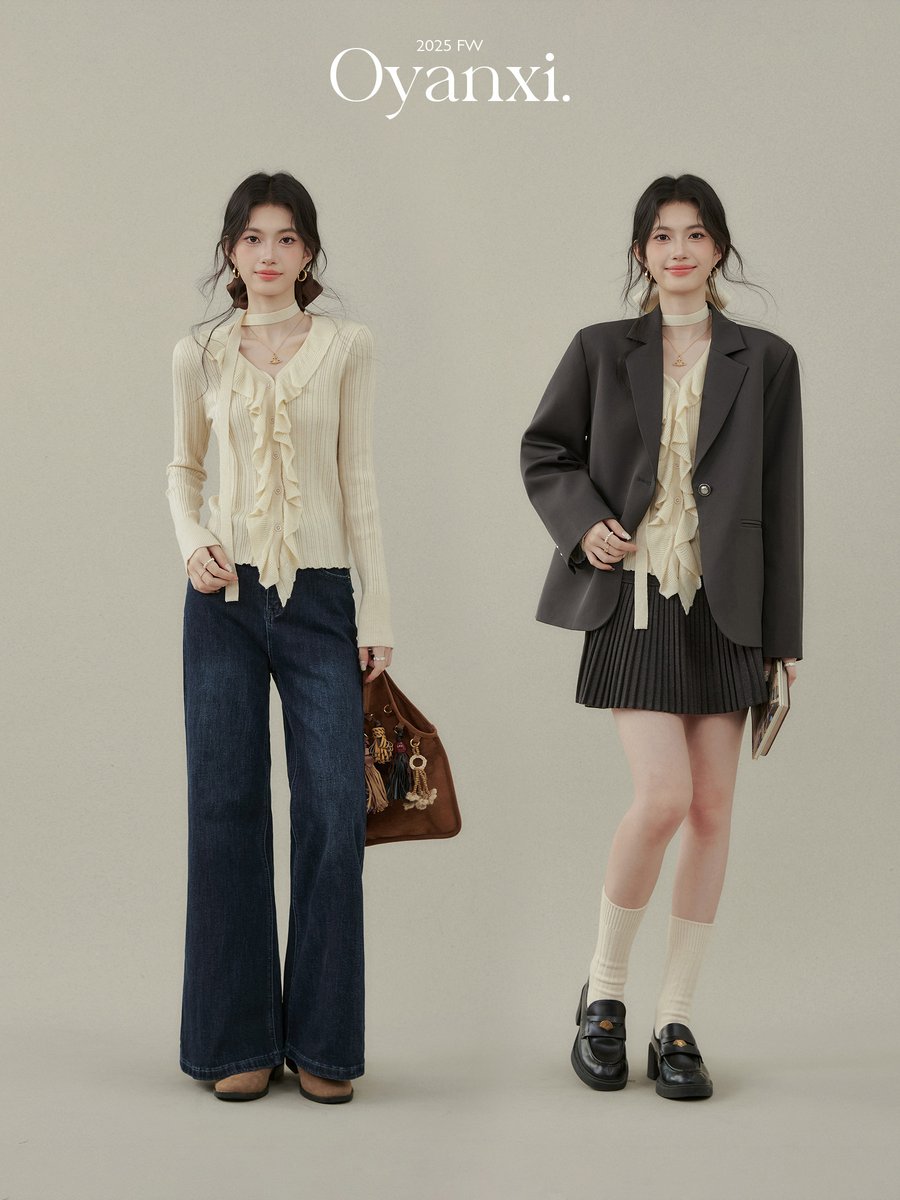 OYANXI リボン フリル 長袖ニット