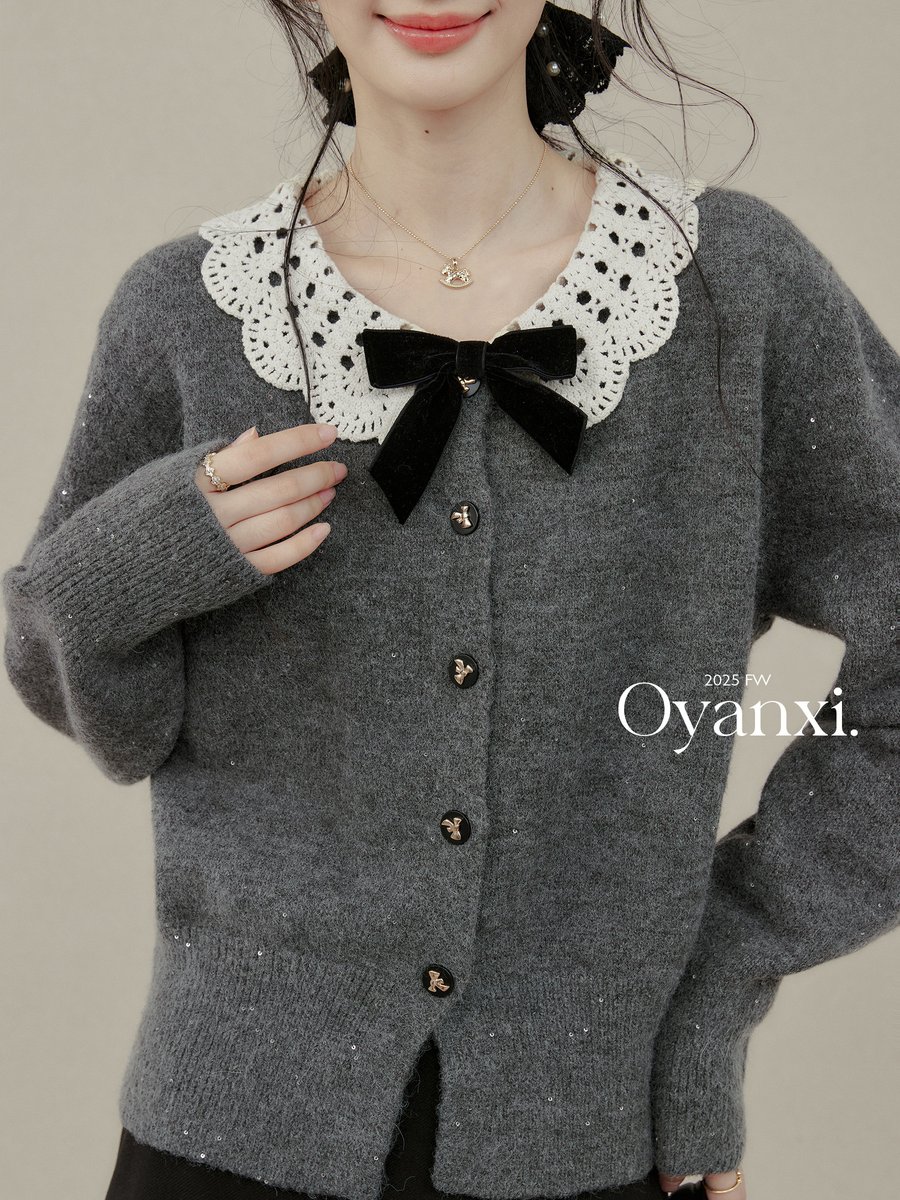 OYANXI 丸襟 クロシェ リボン ニットカーディガン