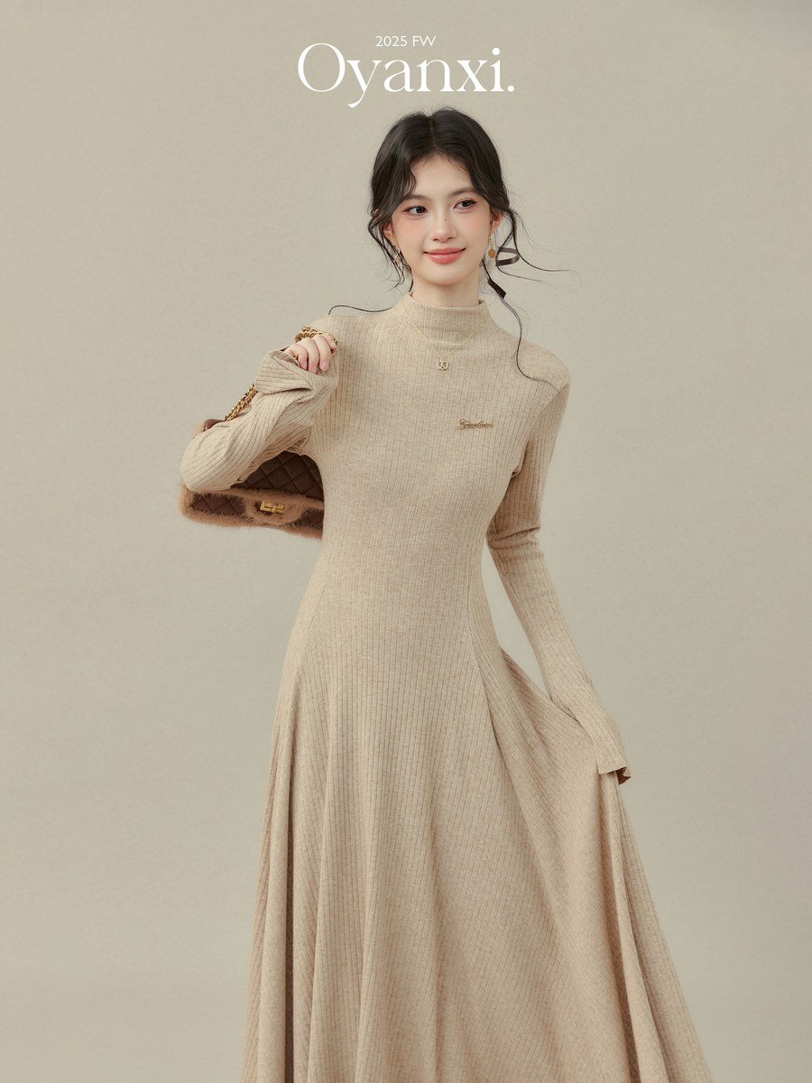 OYANXI ハーフネック ウエストシェイプ ロングニットワンピース