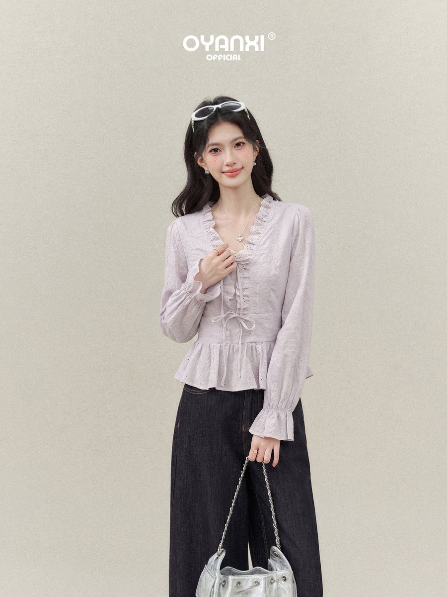 OYANXI Vネック パフスリーブ ウエストシェイプシャツ