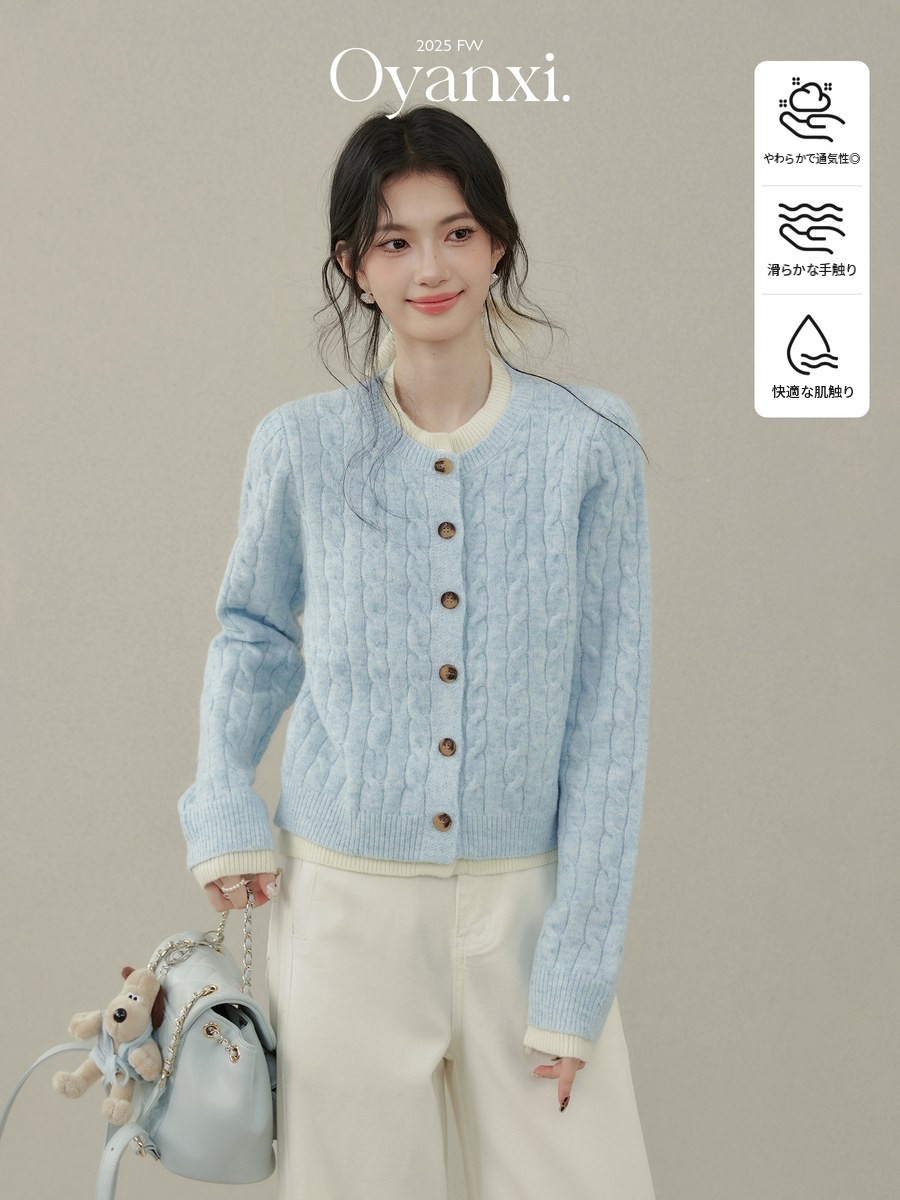 OYANXI フェイクレイヤード ブルー ニットカーディガン