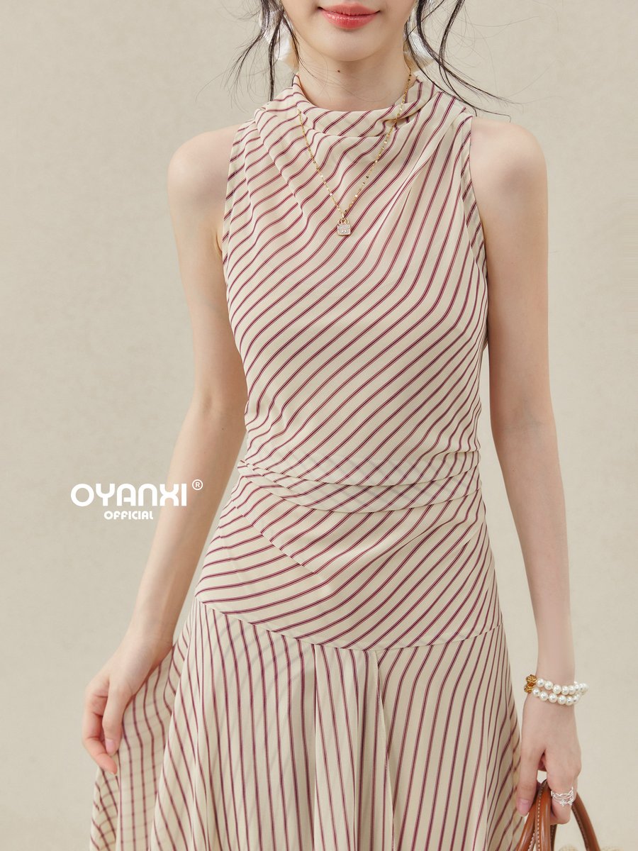 OYANXI ストライプ スタンドカラー ホルターネック ロングワンピース