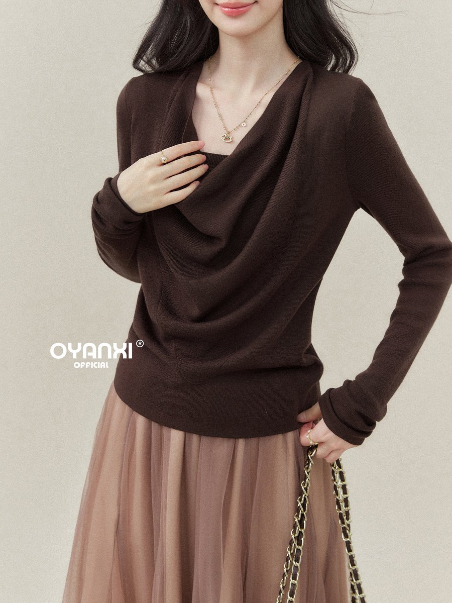 OYANXI ドレープネック フェイクレイヤード 長袖ニット