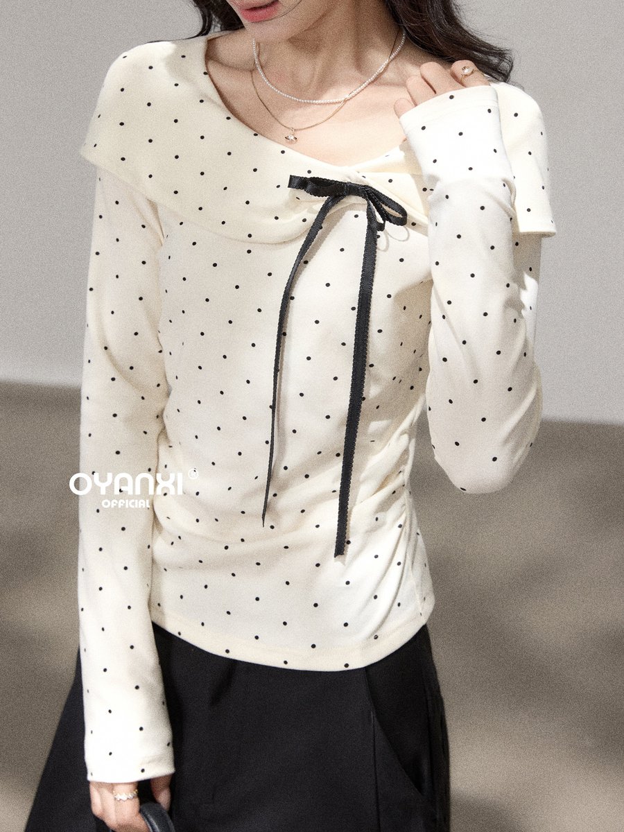 OYANXI ドット柄 リボンネック ギャザー 長袖Tシャツ