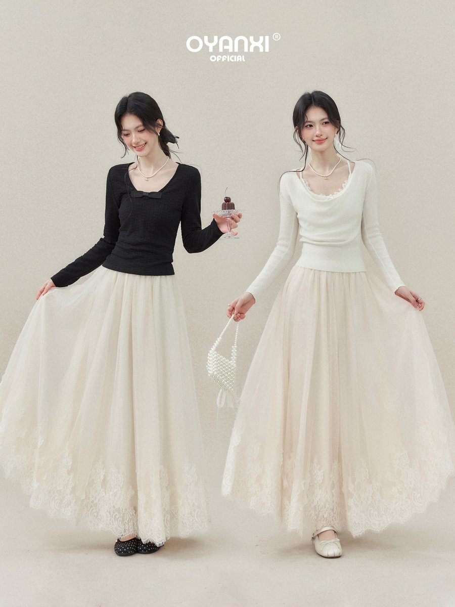 OYANXI 花柄レース ハイウエスト ロングスカート