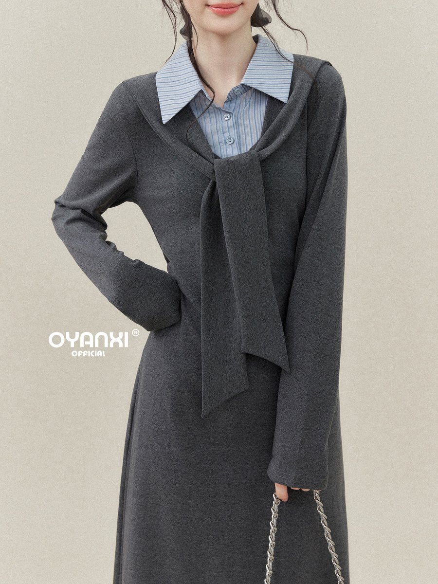 OYANXI ストライプシャツ切り替え Aライン ワンピース