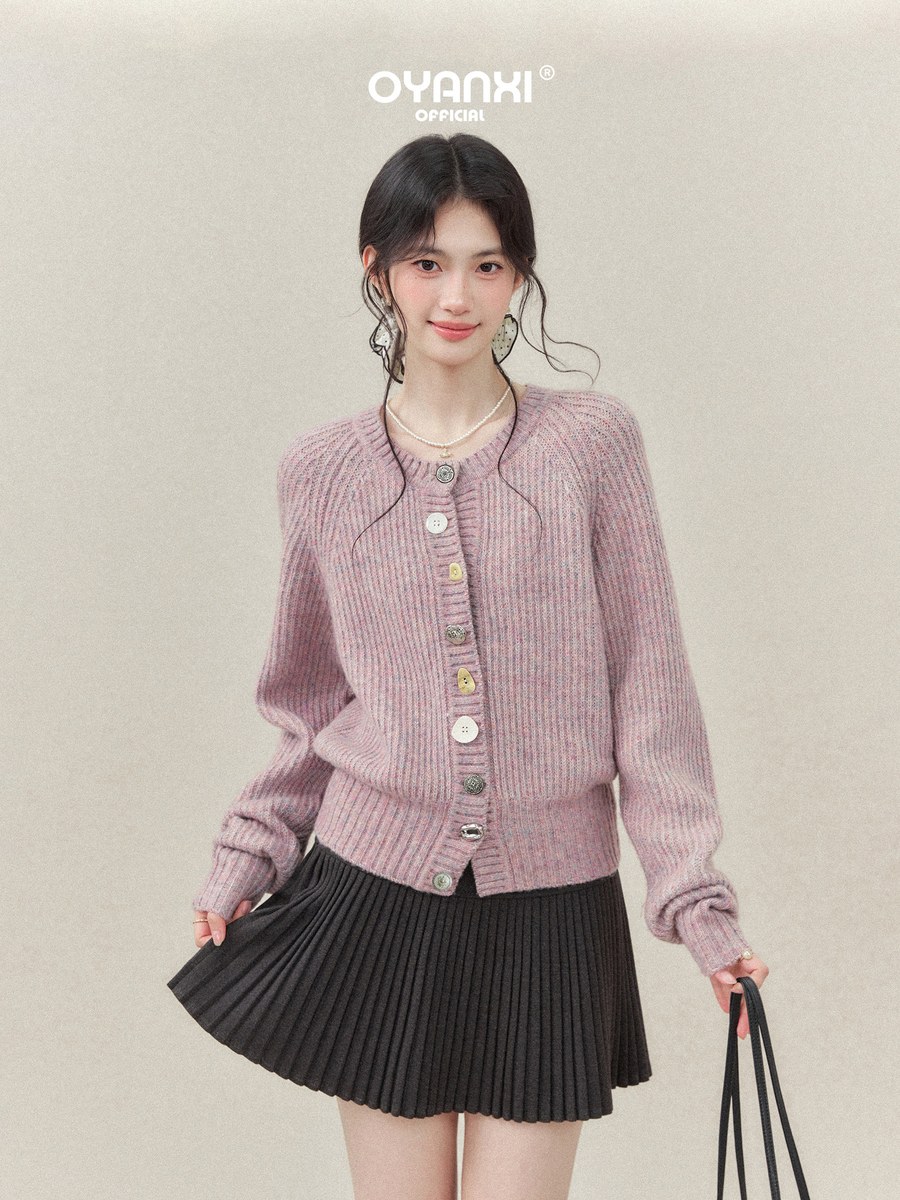 OYANXI リブ編み クルーネック ショート丈 ニットカーディガン