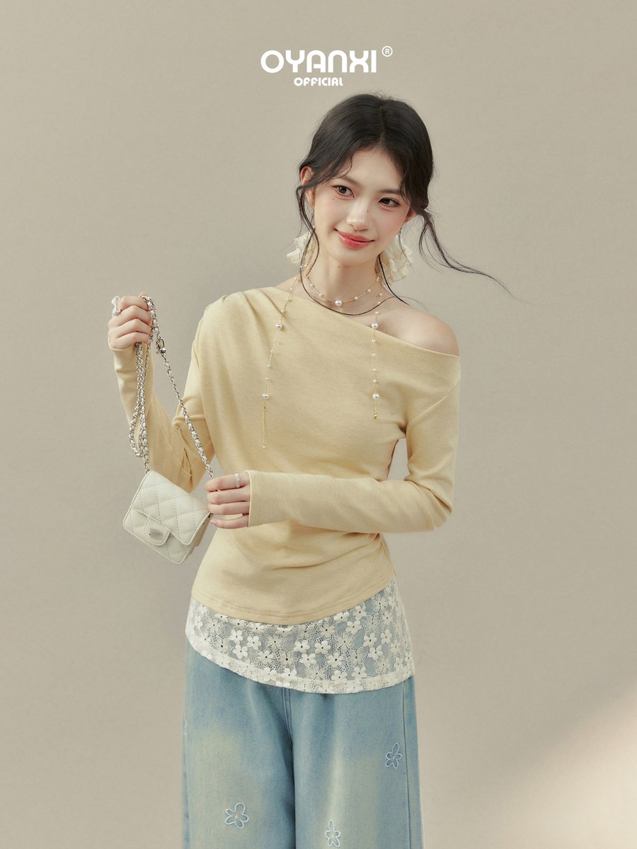 OYANXI レーストリム アシンメトリーネック フェイクレイヤードTシャツ