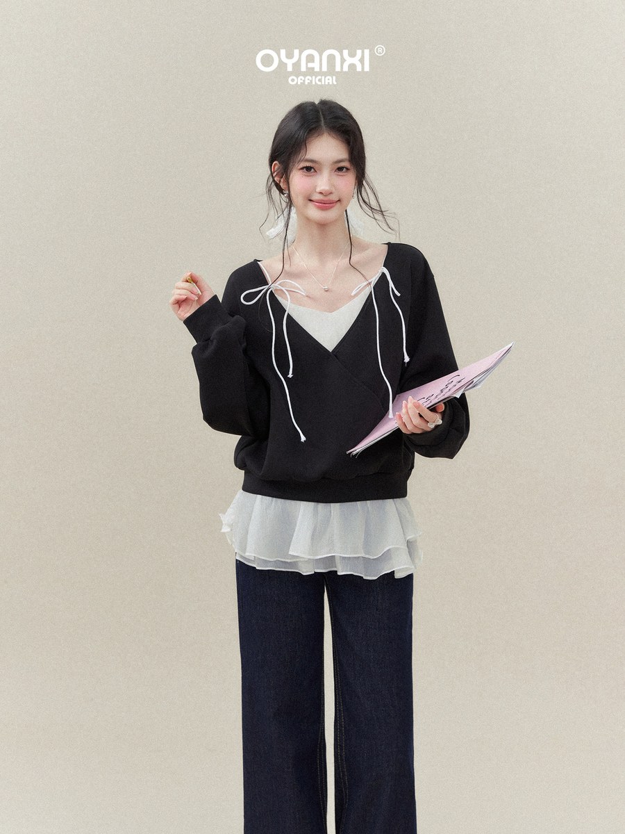 OYANXI レース切り替え Vネック フェイクレイヤード スウェット