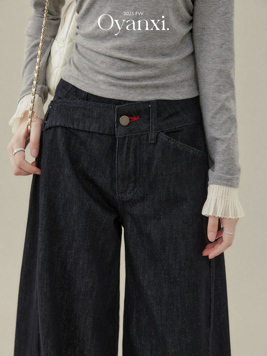 OYANXI ハイウエスト ストレート ワイドデニムパンツ インディゴ
