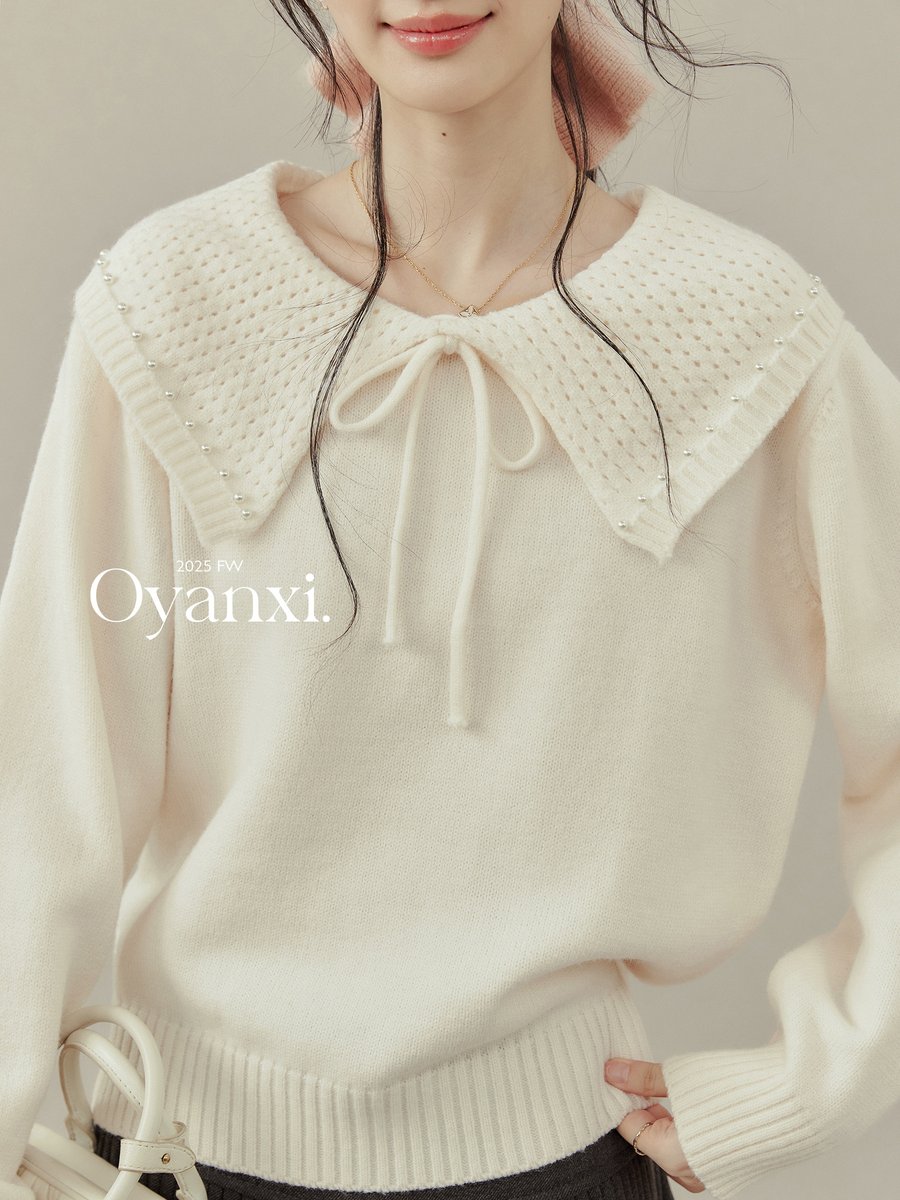 OYANXI 襟付き 透かし編み リボンタイ プルオーバーニット