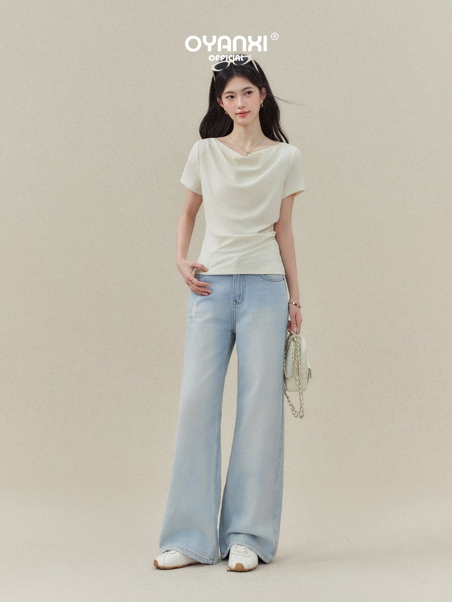 OYANXI シンプル ドレープネック スリム 半袖Tシャツ