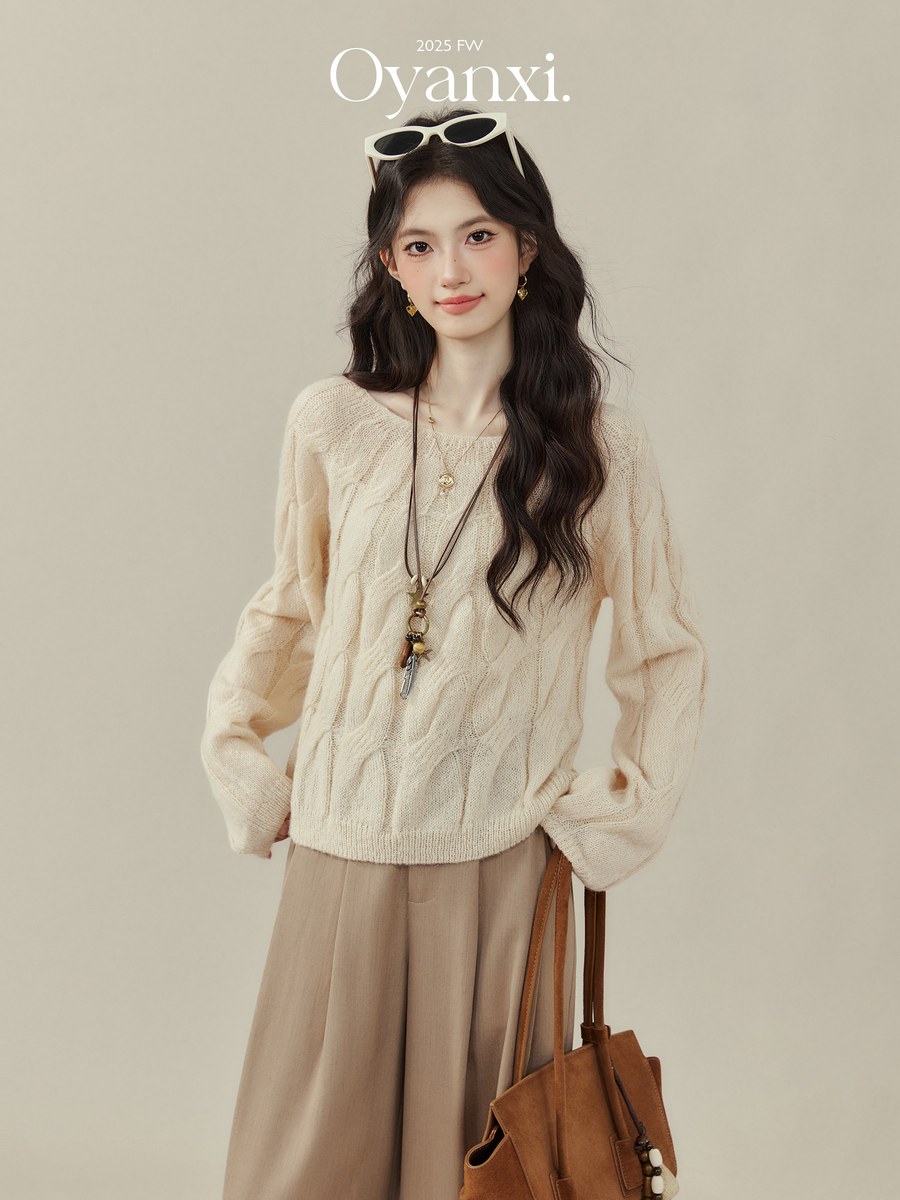 OYANXI 透かし編み クルーネック プルオーバーニット