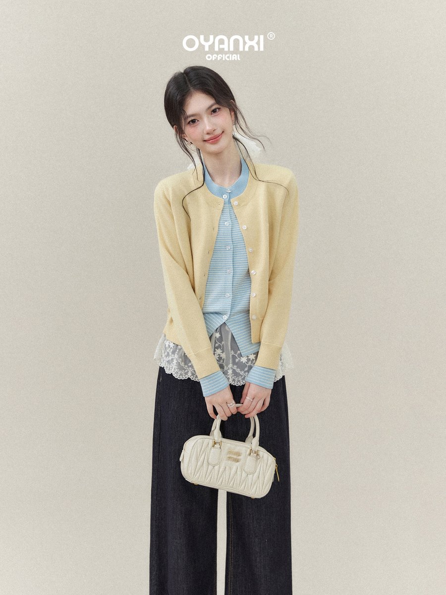 OYANXI バイカラー 折り襟 フェイクレイヤード ニットカーディガン