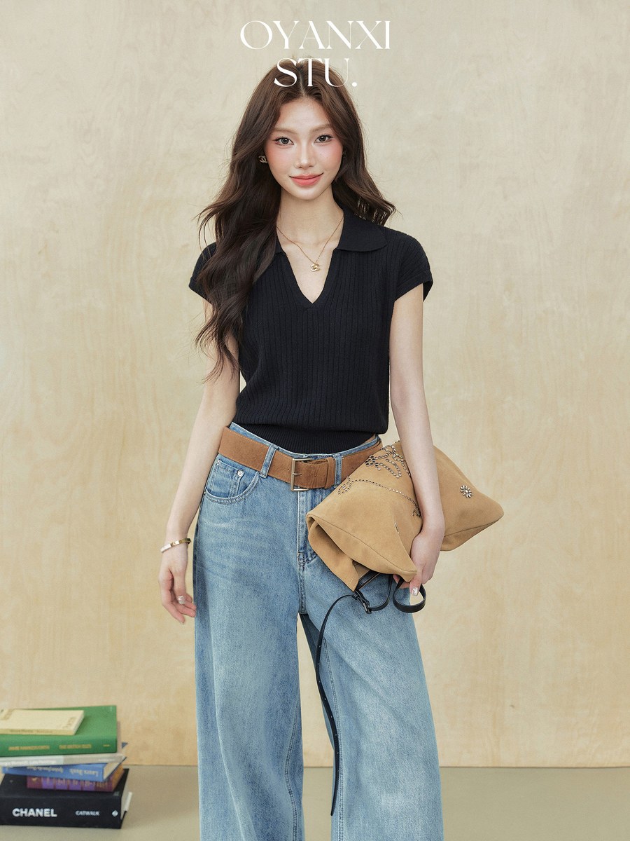 OYANXI Vネック ゆったり 半袖Tシャツ ブラック