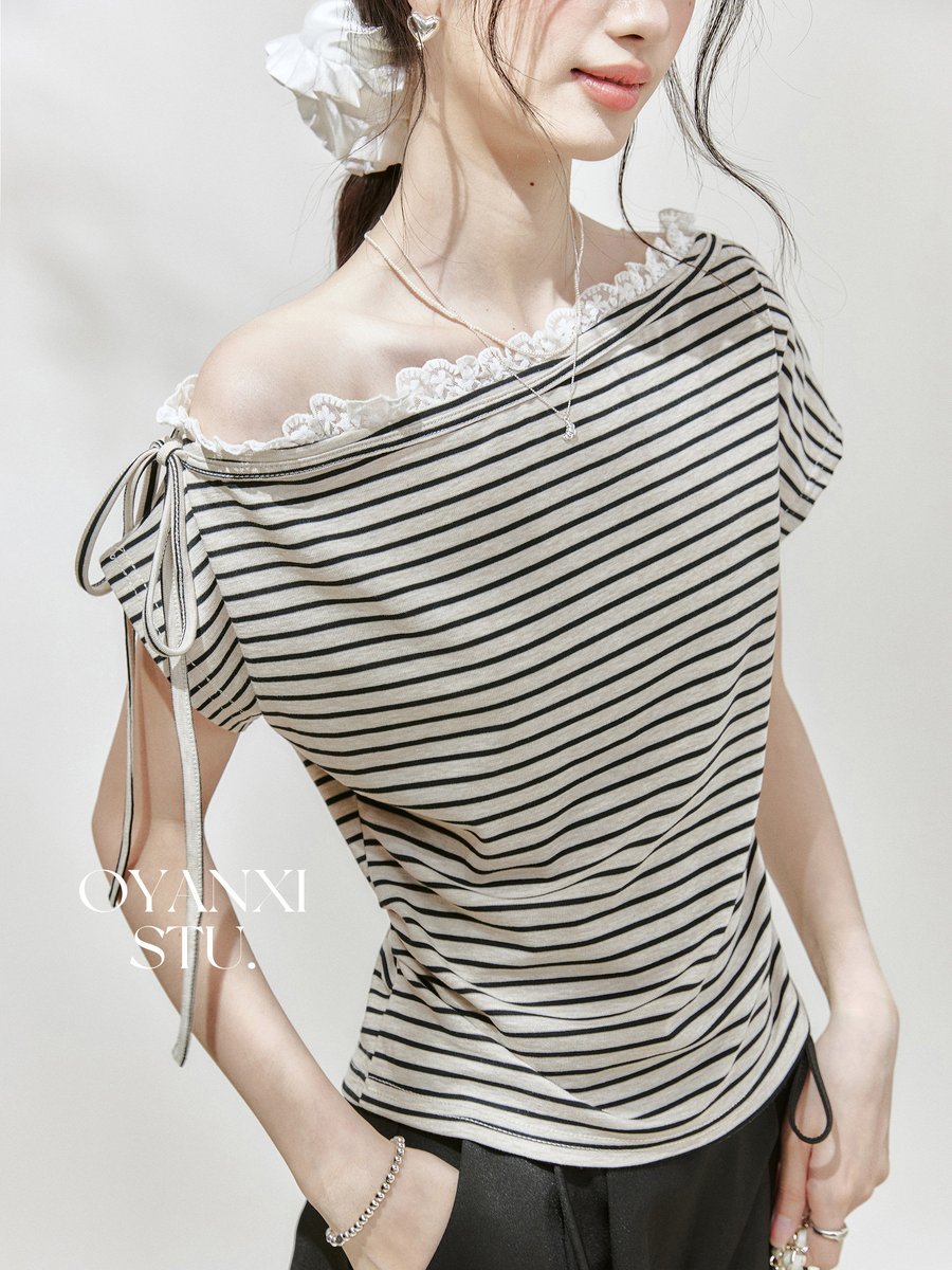 OYANXI ストライプ ワンショルダー 半袖Tシャツ