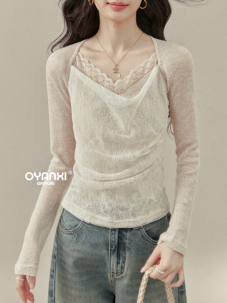 OYANXI レース切り替え ドレープネック フェイクレイヤードTシャツ