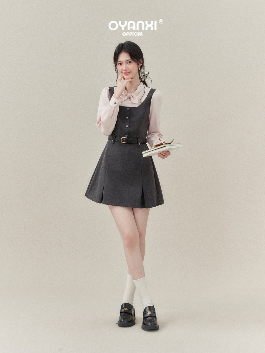OYANXI スタンドカラー リボン フェイクレイヤード ワンピース