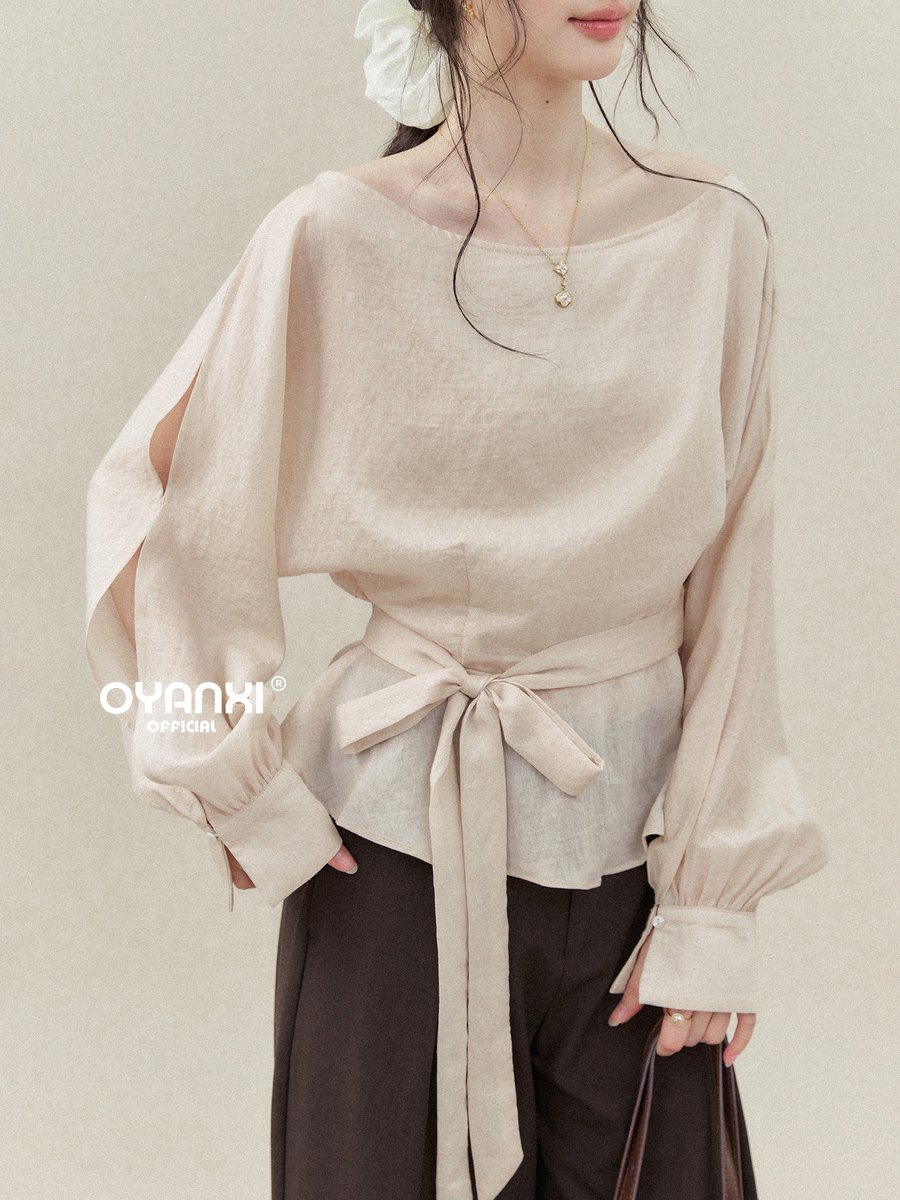 OYANXI ボートネック 袖スリット リボン ウエストシェイプ シャツ