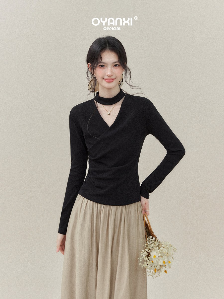OYANXI ネックループ クロスVネック 長袖Tシャツ