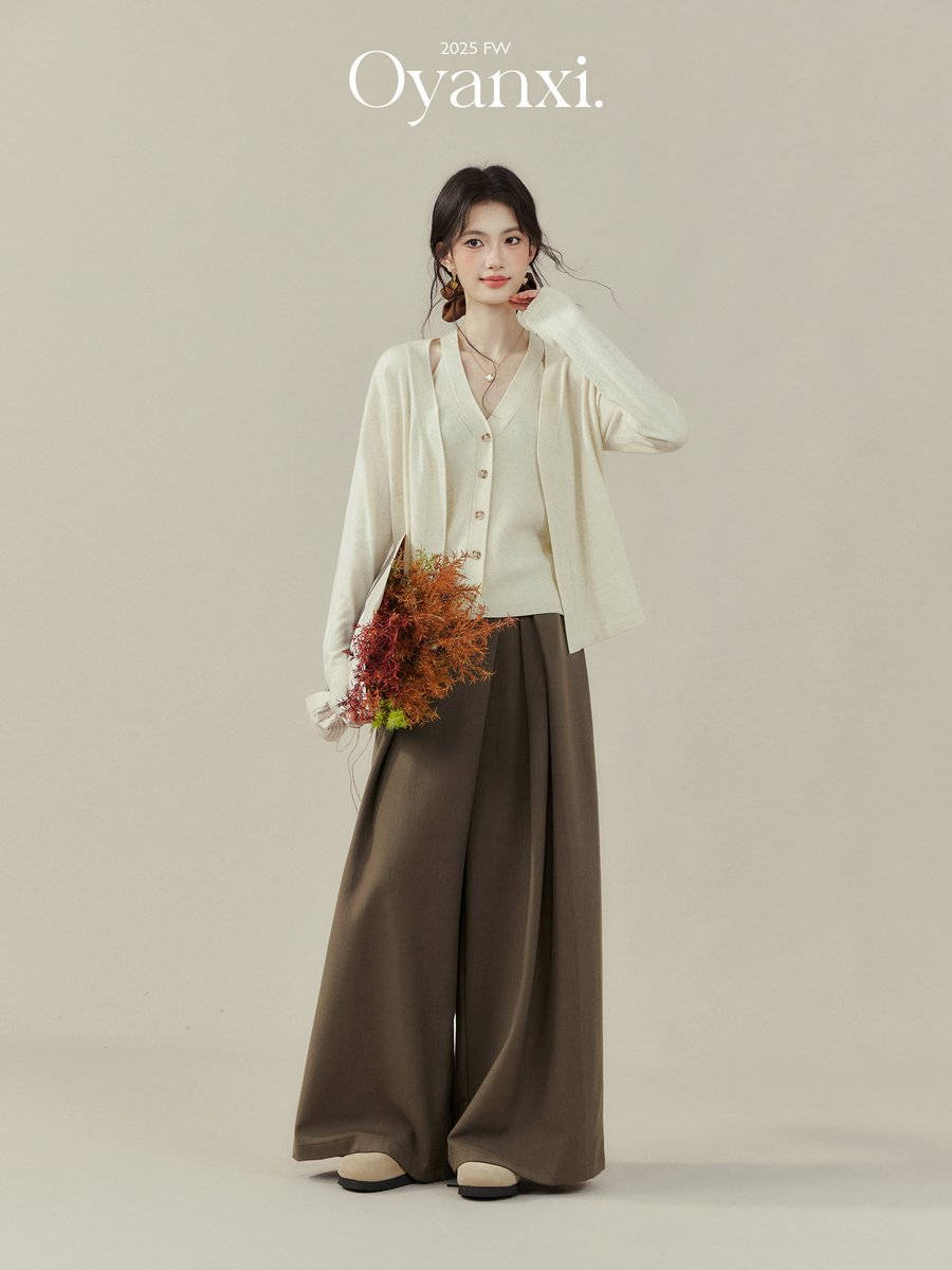 OYANXI ハイウエスト ストレート ワイドパンツ ブラウン