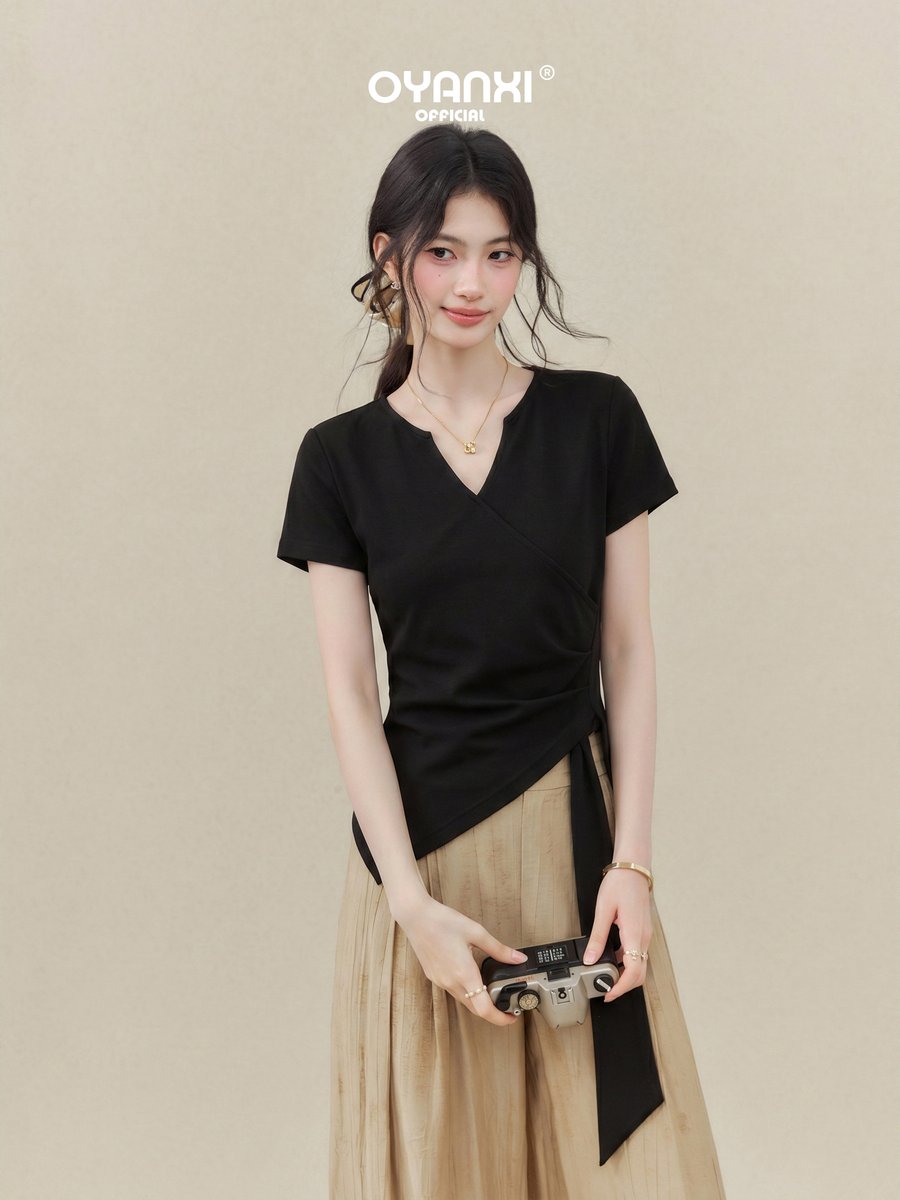 OYANXI アシンメトリーヘム Vネック 半袖Tシャツ