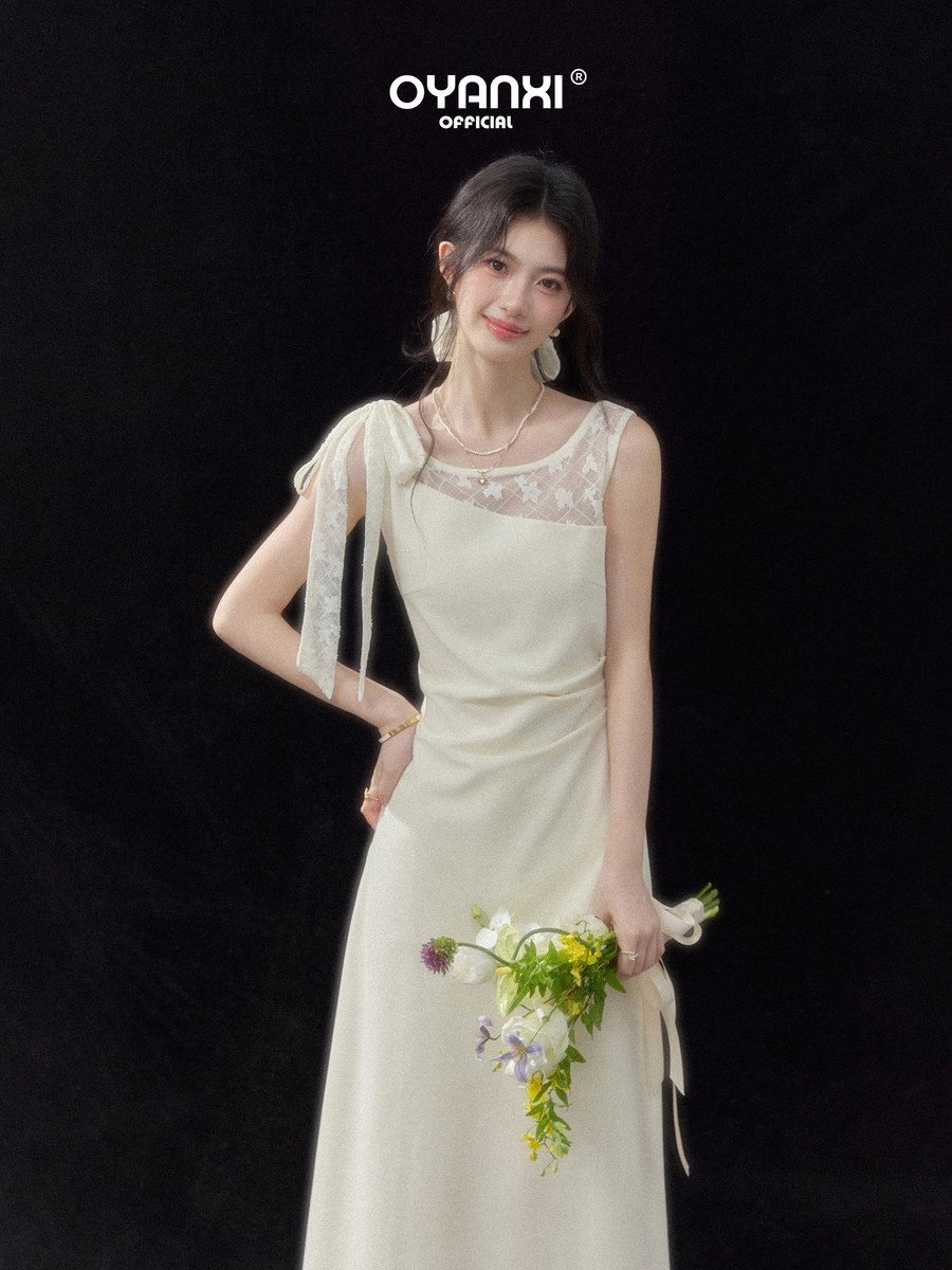 OYANXI レース チュール リボン オフショルダー ロングワンピース