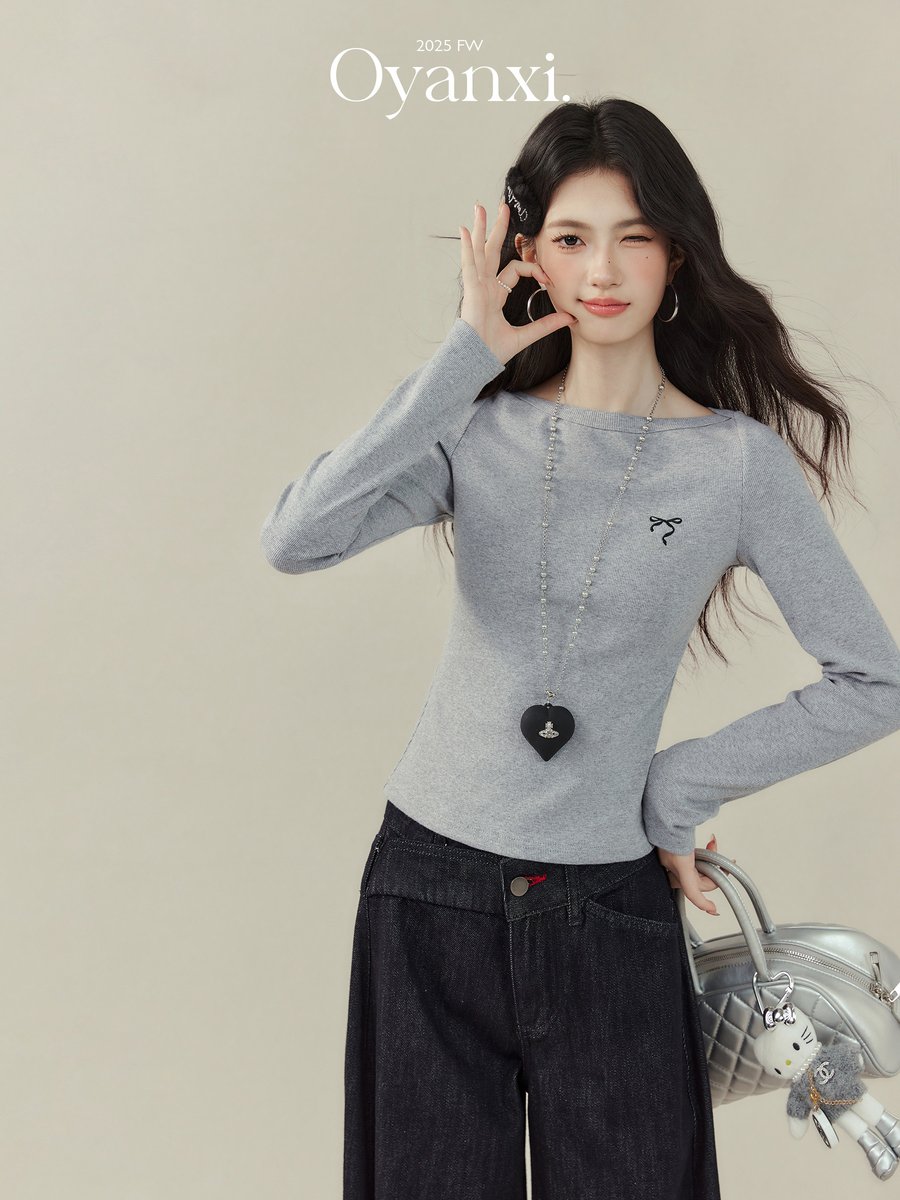OYANXI 刺繍 リボン ニット長袖Tシャツ