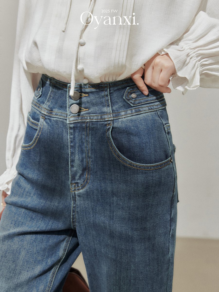OYANXI ハイウエスト フレア ストレートデニムパンツ