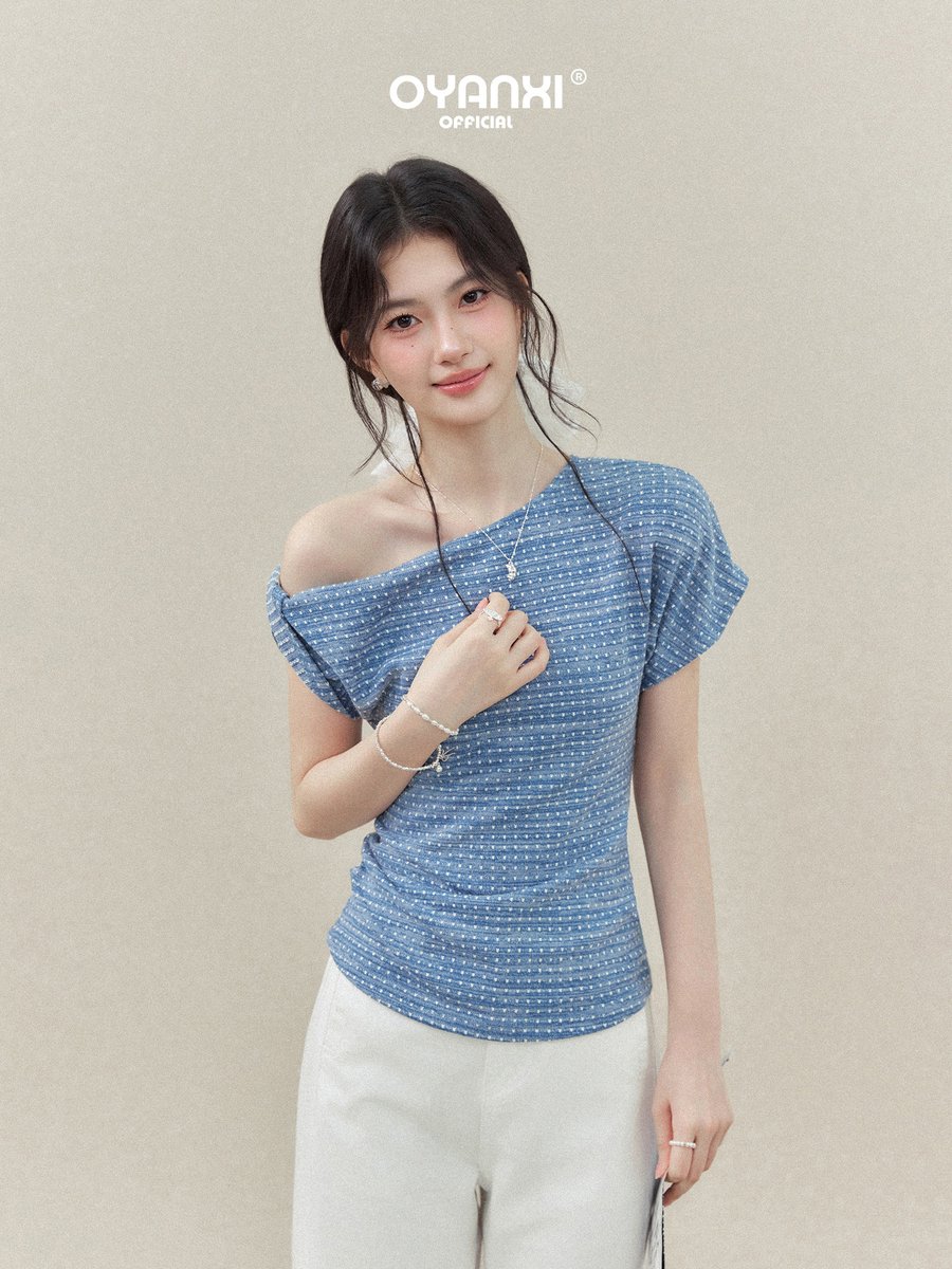 OYANXI ドット柄 アシンメトリー ワンショルダー 半袖Tシャツ