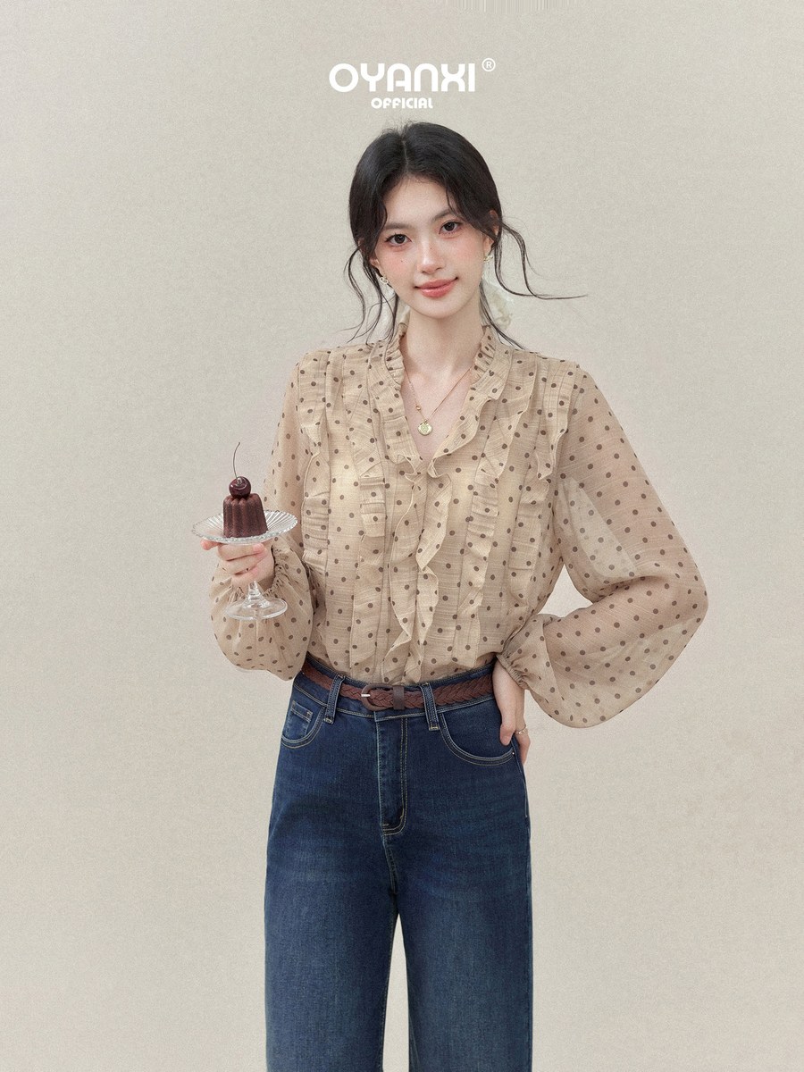 OYANXI ドット柄 Vネック ランタンスリーブ シャツ