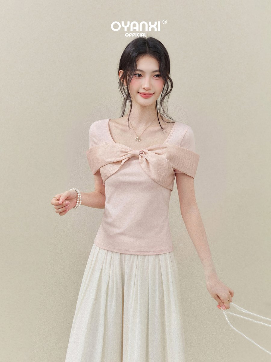 OYANXI Uネック リボン スリム 半袖Tシャツ